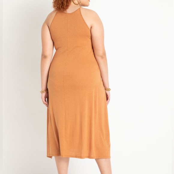 Eloquii Tan Sleeveless Slub knit Wrap Tie Front Lightweight High Neck Midi Dress - Picture 7 of 12